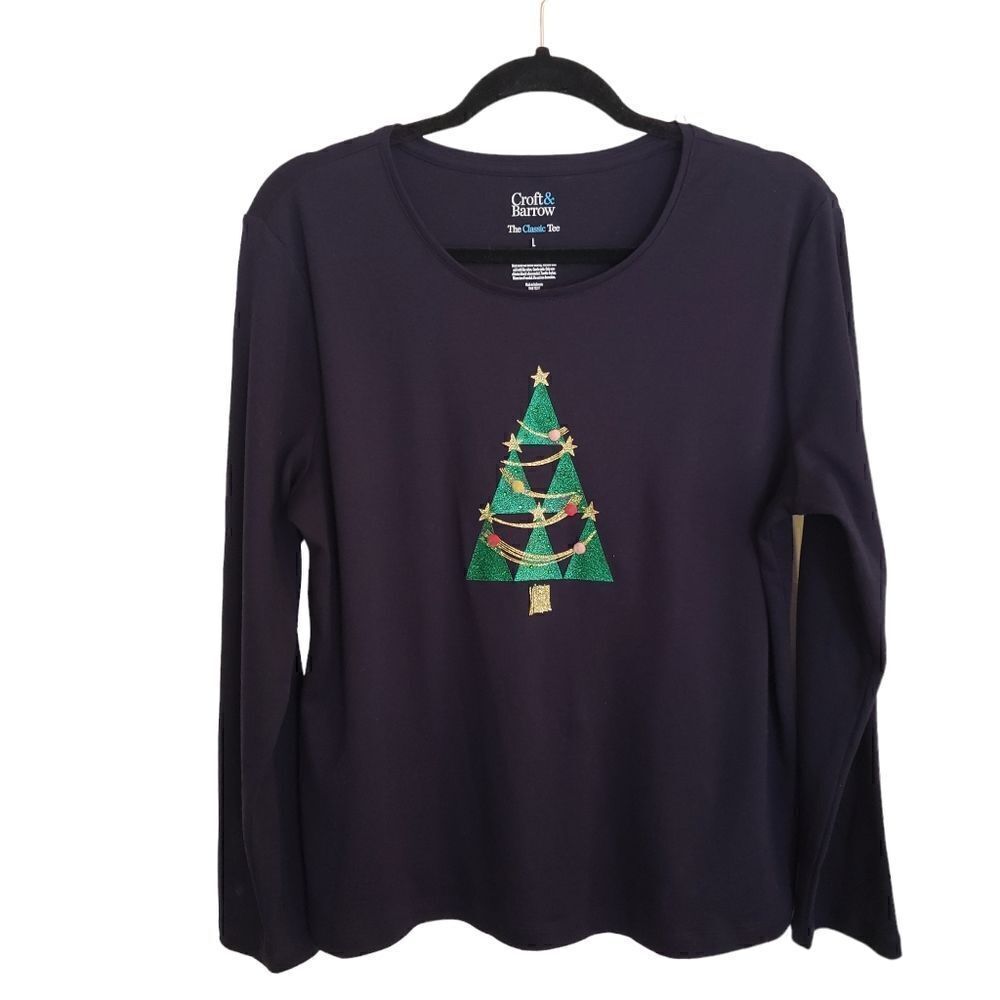 Croft & Barrow Classic Long Sleeve Tee Christmas Tree Holiday Navy Size PL